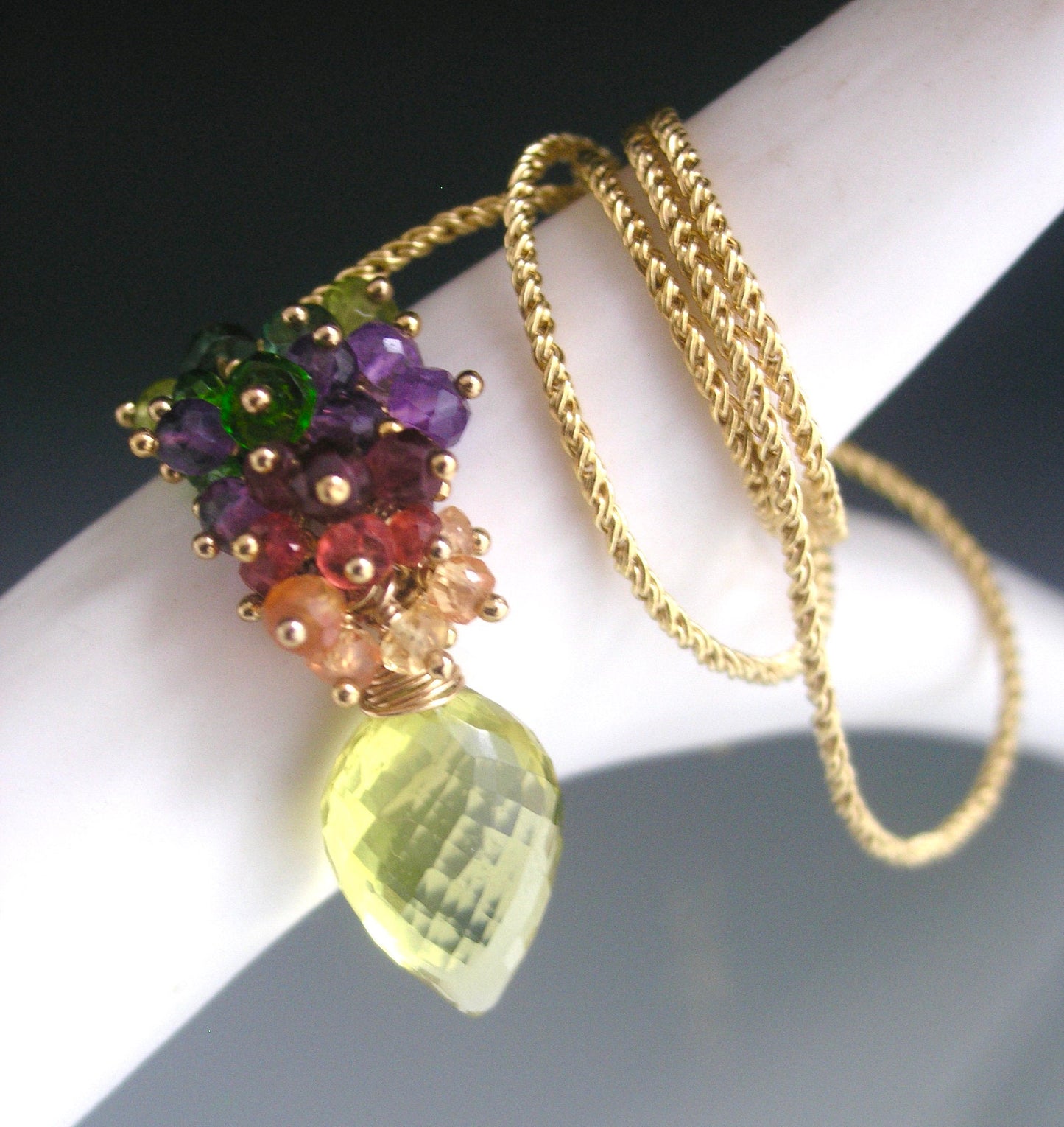 Rainbow Gemstone Cluster Pendant Gold Filled Necklace