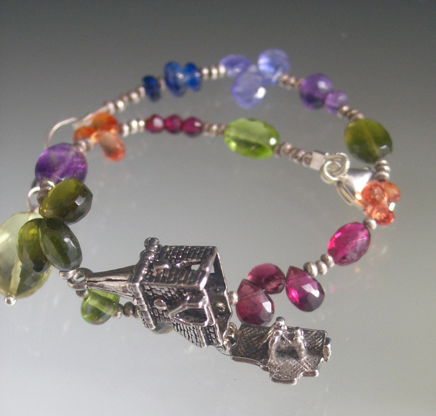Sterling Gemstone Bracelet w/ Vintage Wedding Mechanical Chapel Charm