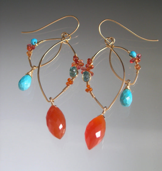 Carnelian Turquoise Sculptural Gold Filled Earrings