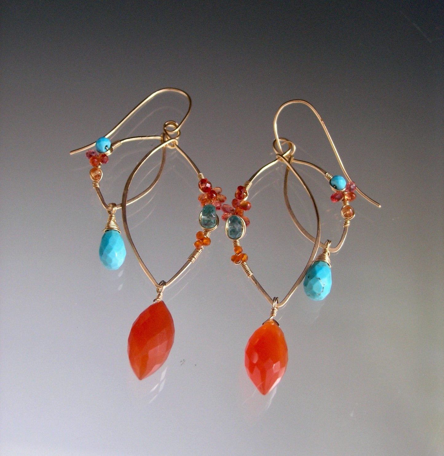 Carnelian Turquoise Sculptural Gold Filled Earrings