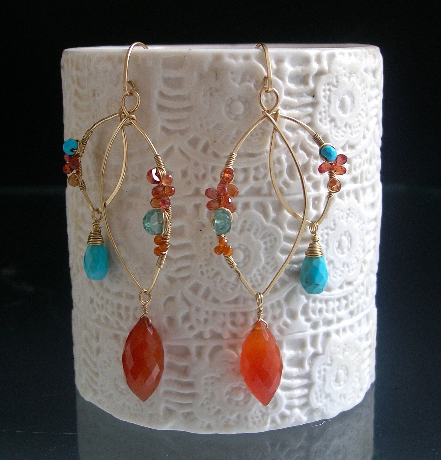 Carnelian Turquoise Sculptural Gold Filled Earrings