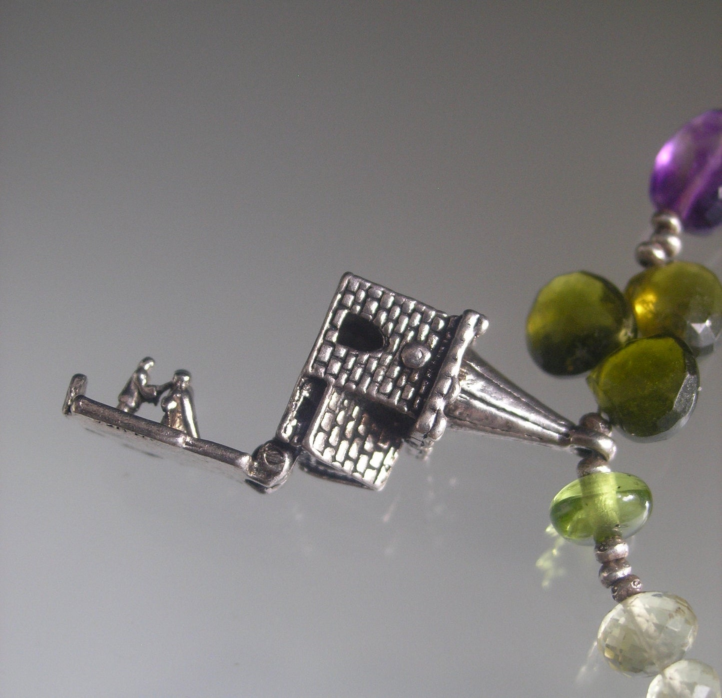 Sterling Gemstone Bracelet w/ Vintage Wedding Mechanical Chapel Charm