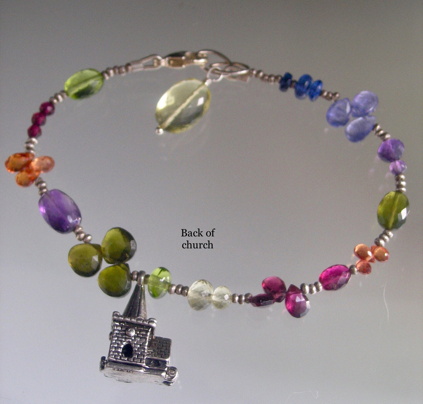 Sterling Gemstone Bracelet w/ Vintage Wedding Mechanical Chapel Charm