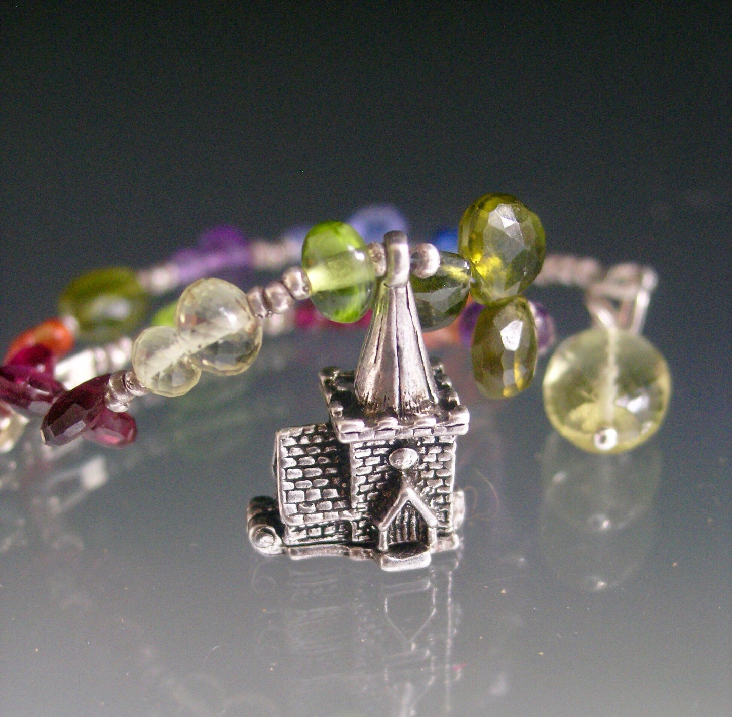 Sterling Gemstone Bracelet w/ Vintage Wedding Mechanical Chapel Charm