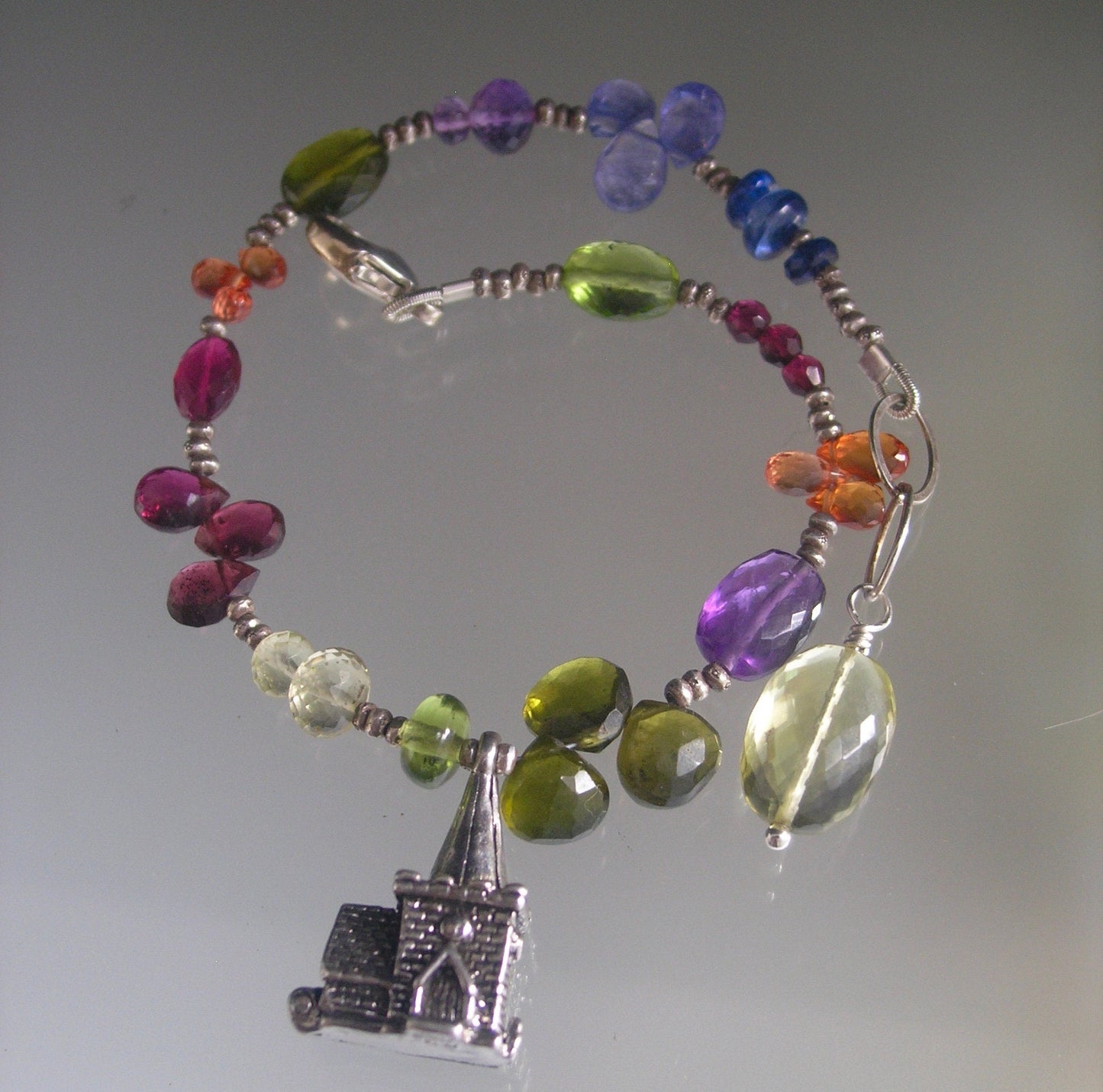 Sterling Gemstone Bracelet w/ Vintage Wedding Mechanical Chapel Charm