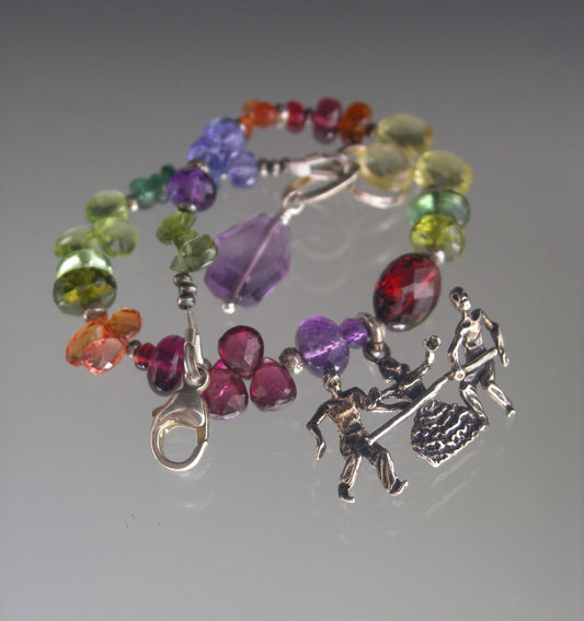 Multi Gemstone Bracelet w/ Vintage Sterling 3D Limbo Dancers Charm