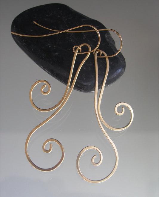 Long Double Scroll 14k Gold Filled Earrings 2 5/8”