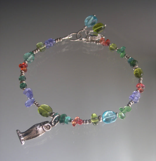 Gemstone Bracelet w/ Vintage Sterling 3-D Barn Owl Charm