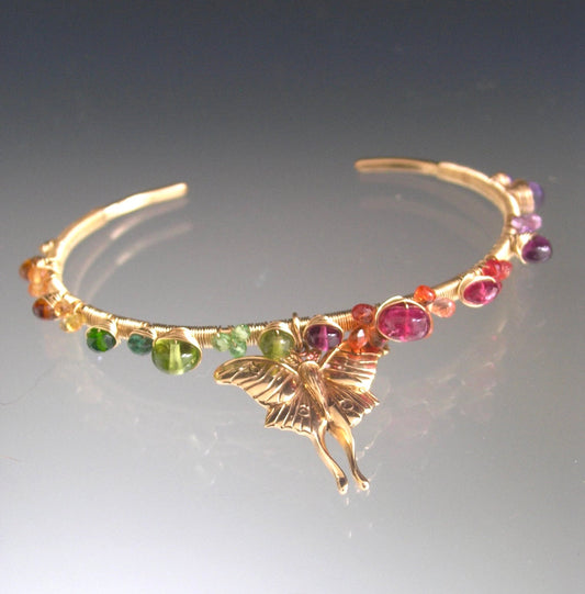 Rainbow Gemstone Gold Filled Wire Wrapped Cuff w/ Bronze Luna Moth Charm