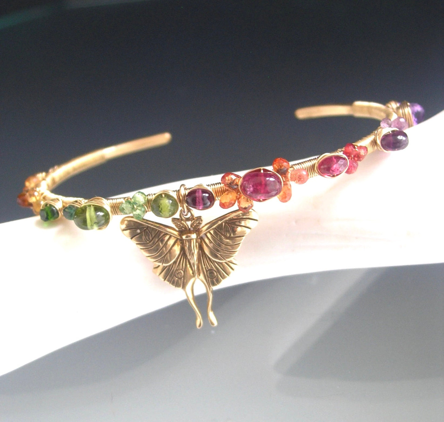 Rainbow Gemstone Gold Filled Wire Wrapped Cuff w/ Bronze Luna Moth Charm