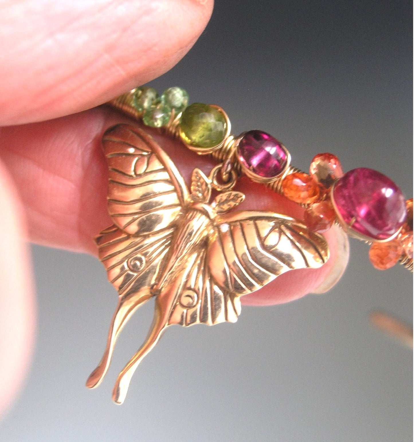 Rainbow Gemstone Gold Filled Wire Wrapped Cuff w/ Bronze Luna Moth Charm