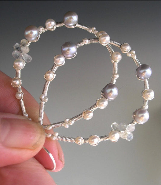 Sterling Silver Pearl and Sapphire Teardrop Hoops