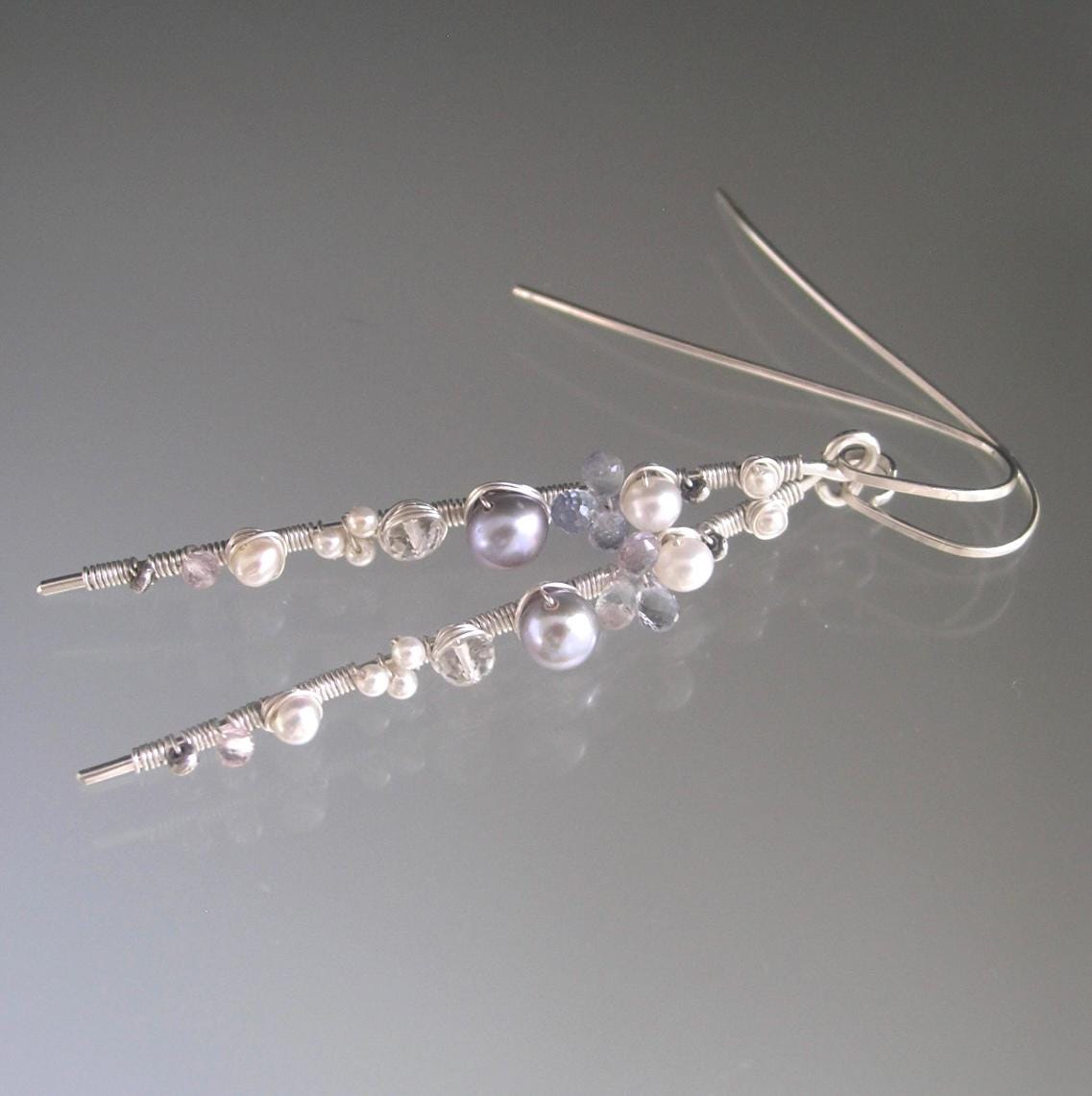 Pearl Sapphire Long Silver Earrings
