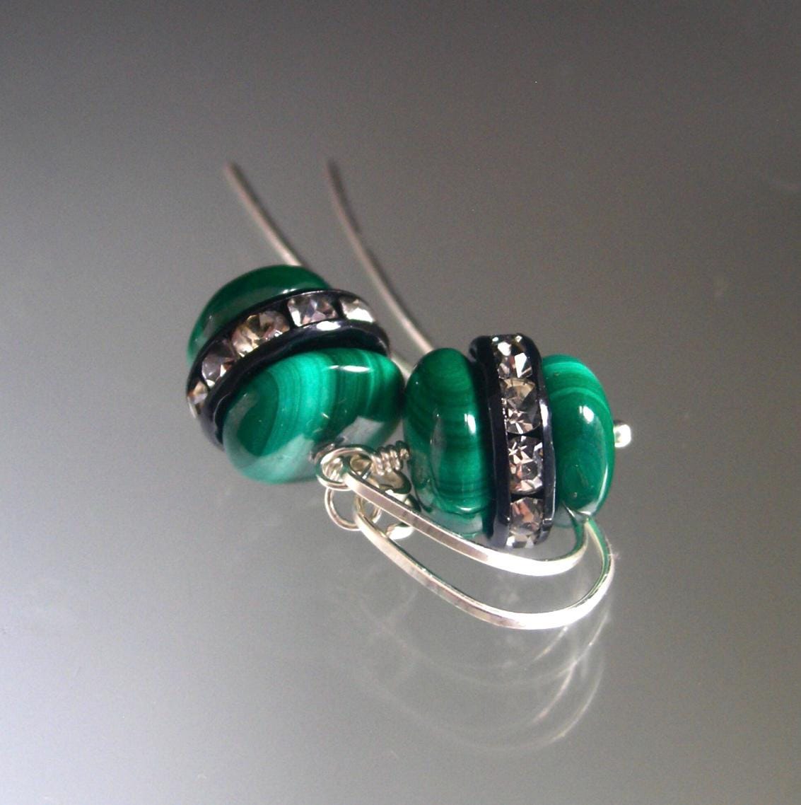 Malachite Sterling Earrings w/ Black Rimmed Rhinestones