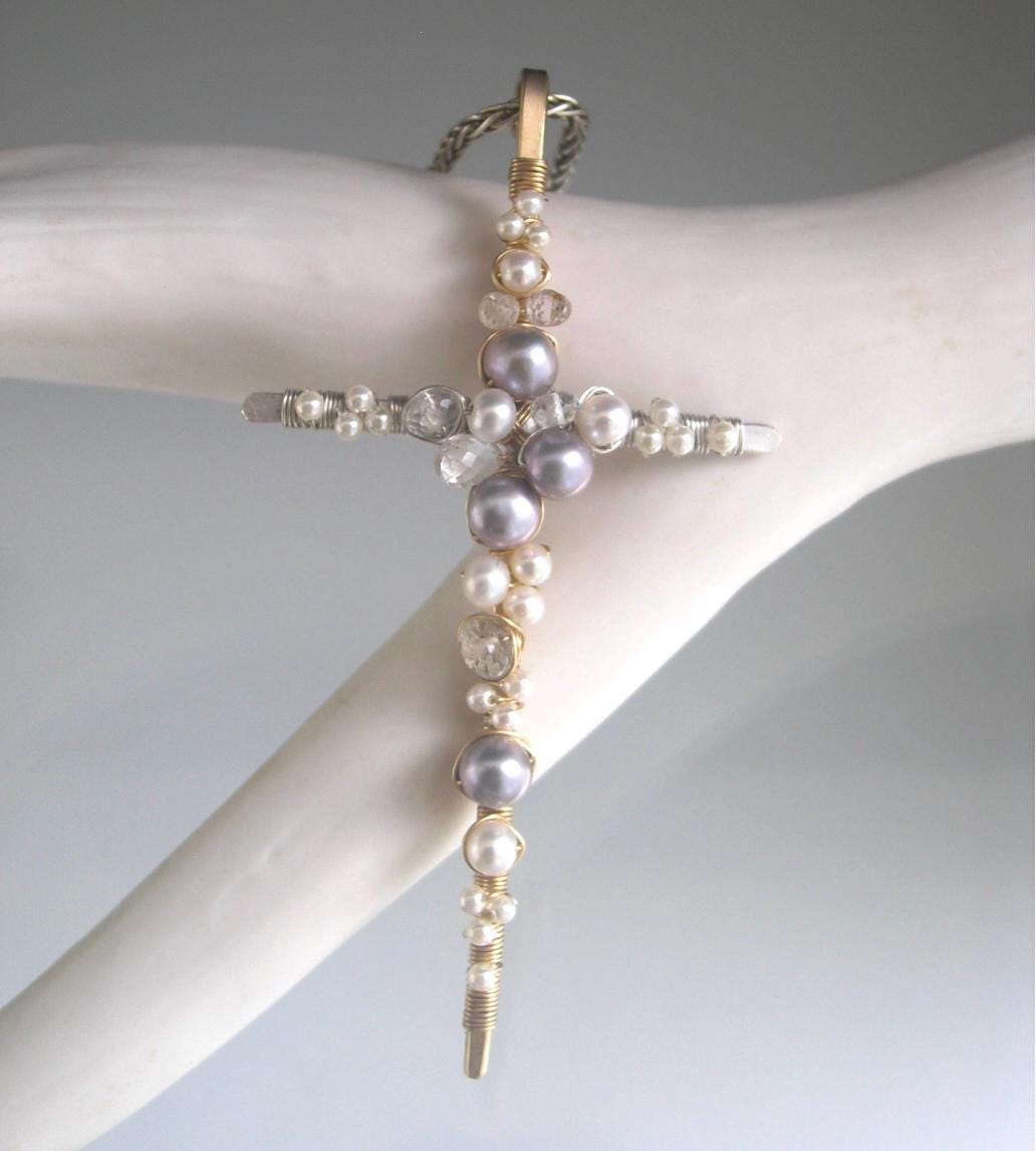 Pearl Cross Gemstone Encrusted Mixed Metal Earrings