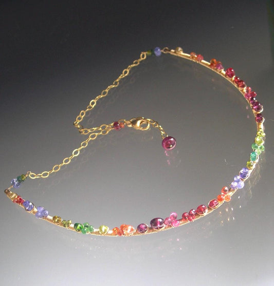 Multi Gemstone 14k Gold Filled Curved Bar Choker Necklace