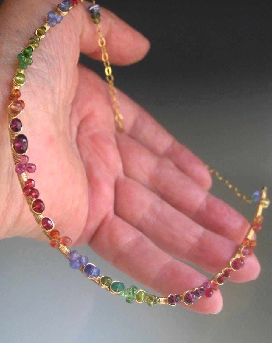Multi Gemstone 14k Gold Filled Curved Bar Choker Necklace