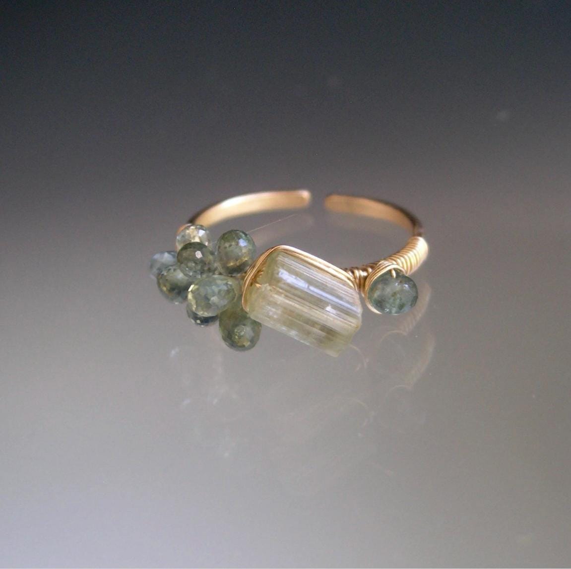 Pair of Raw Tourmaline & Sapphire Rings in 14k Gold Fill