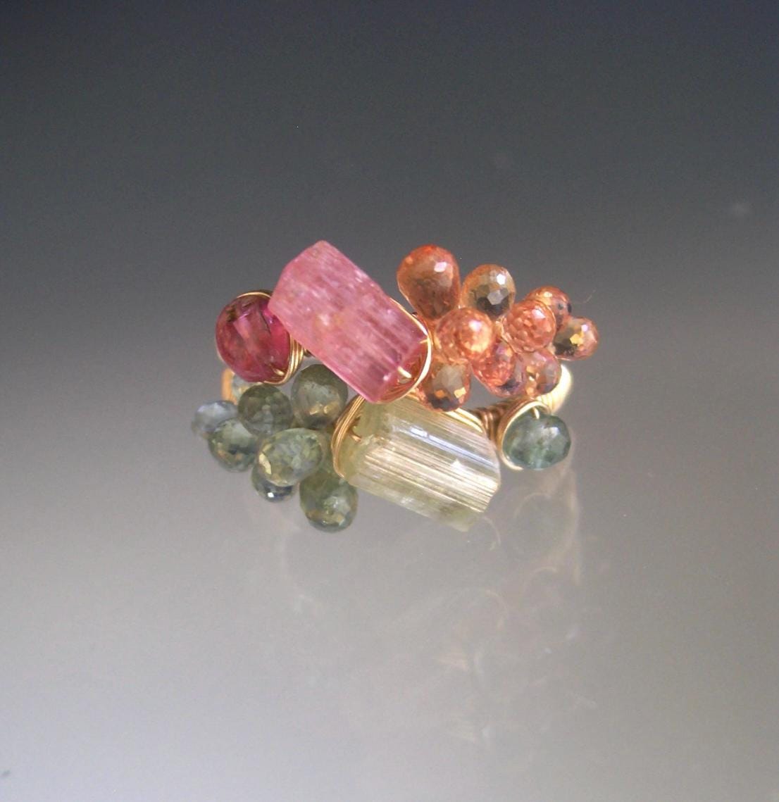 Pair of Raw Tourmaline & Sapphire Rings in 14k Gold Fill