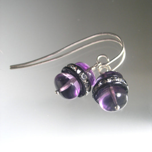 Glossy Amethyst Sterling Silver Earrings w/ Rhinestone Wheels