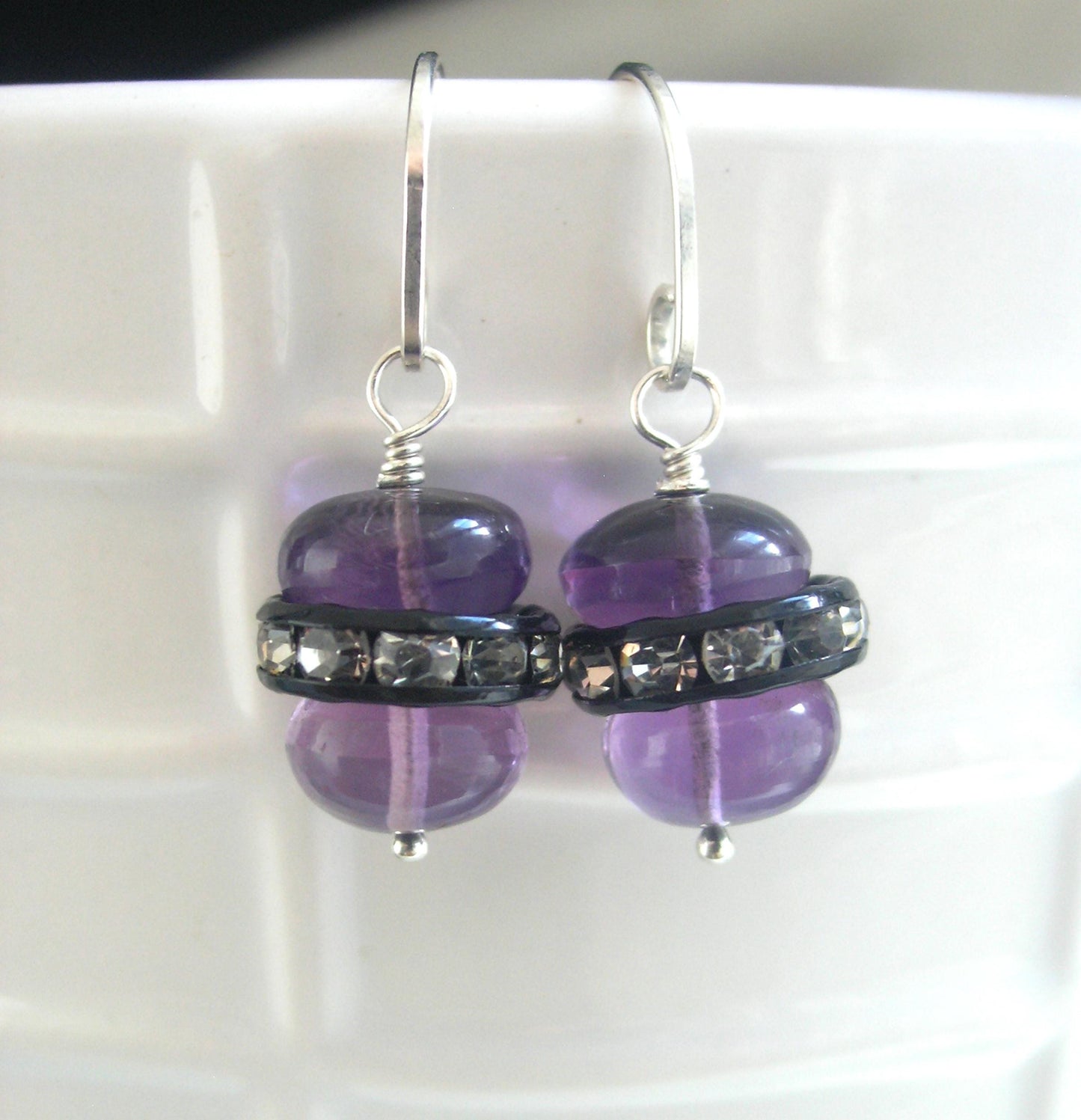 Glossy Amethyst Sterling Silver Earrings w/ Rhinestone Wheels