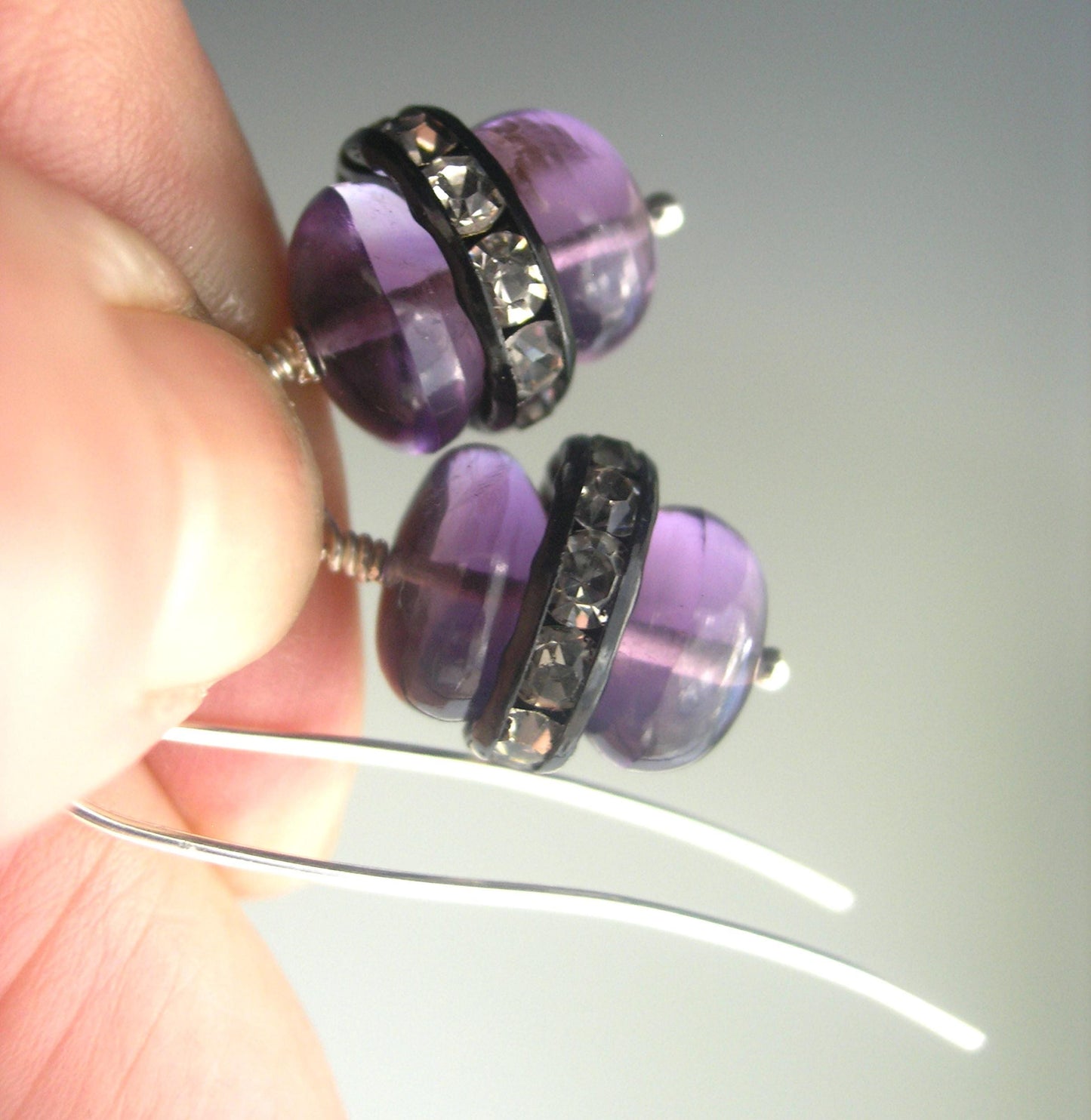 Glossy Amethyst Sterling Silver Earrings w/ Rhinestone Wheels