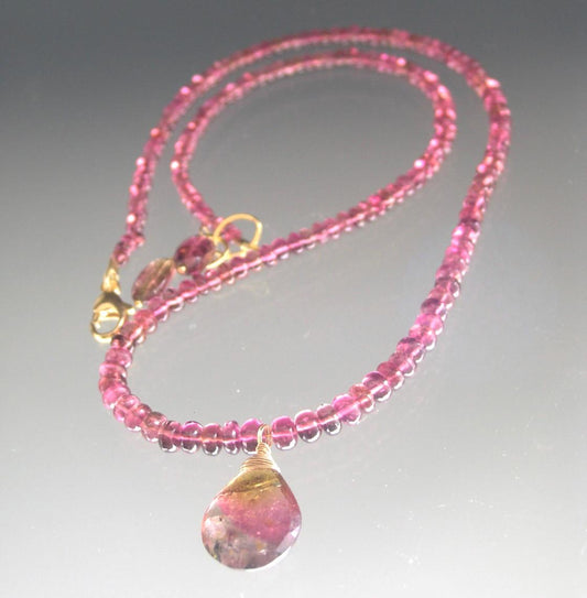 Pink Tourmaline Necklace w/ Tri Color Tourmaline Pendant