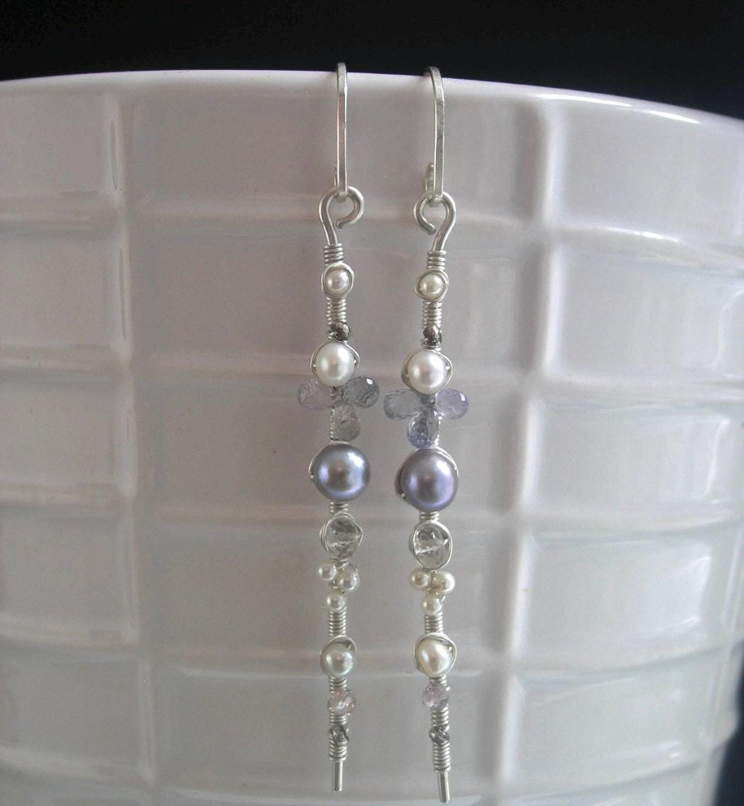 Pearl Sapphire Long Silver Earrings