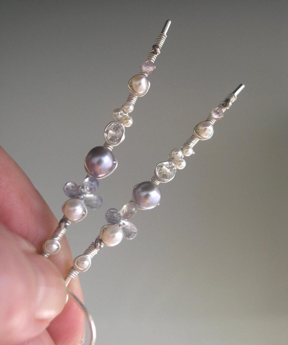 Pearl Sapphire Long Silver Earrings