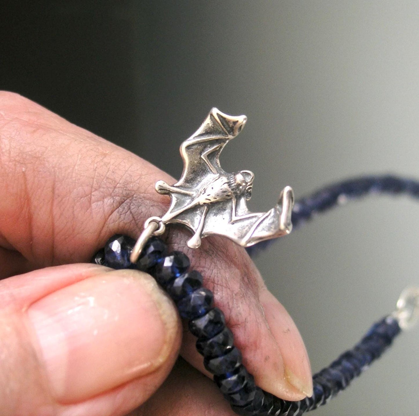 Kyanite Bracelet w/ Vintage Sterling Detailed Bat Charm