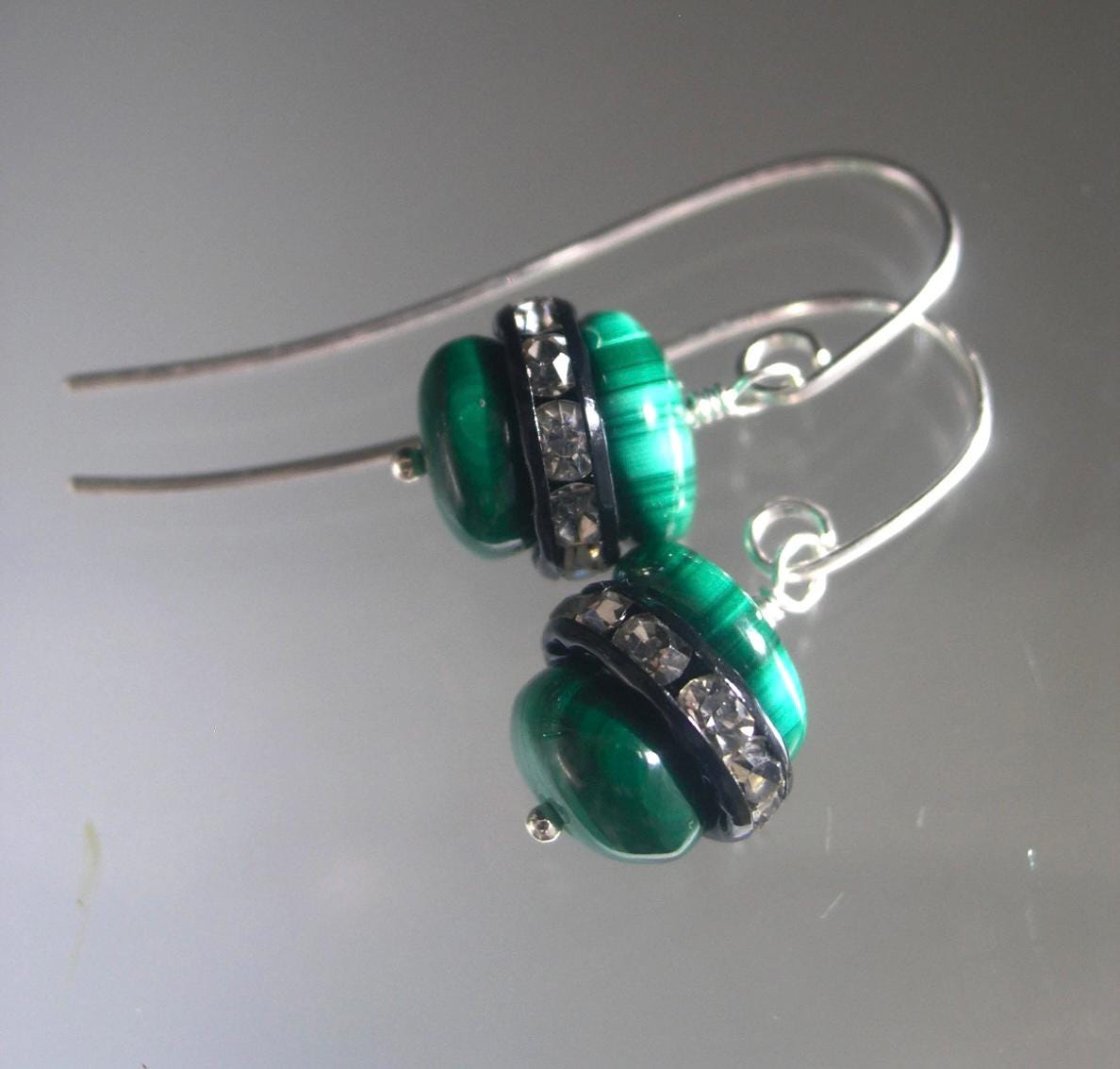 Malachite Sterling Earrings w/ Black Rimmed Rhinestones