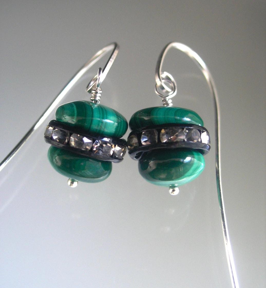 Malachite Sterling Earrings w/ Black Rimmed Rhinestones