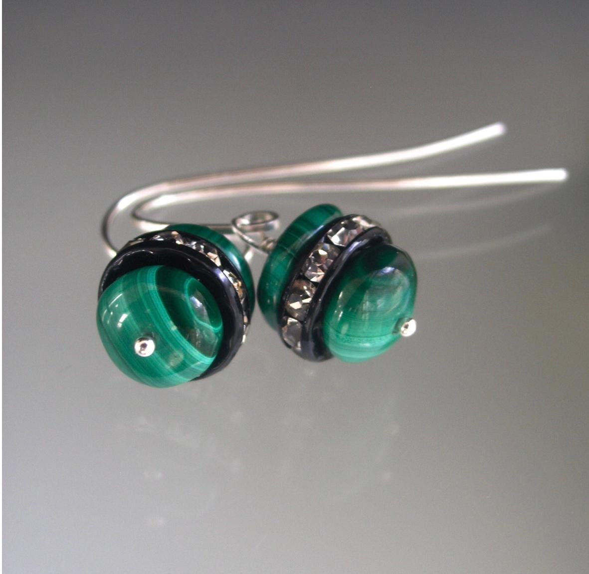 Malachite Sterling Earrings w/ Black Rimmed Rhinestones