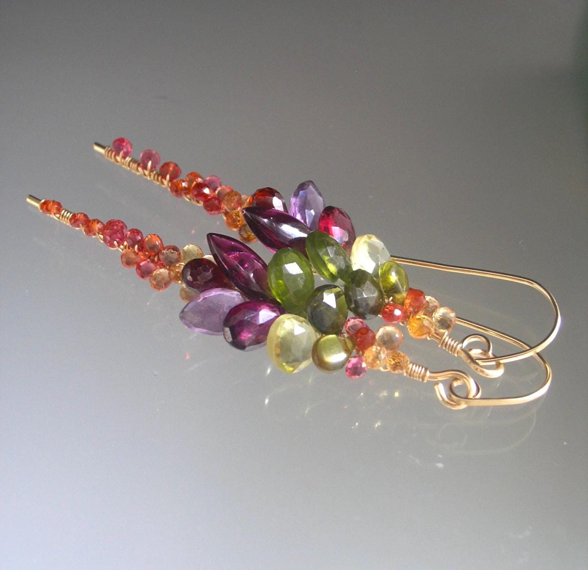 Rainbow Gemstone Encrusted 14k Gold Filled Linear Earrings