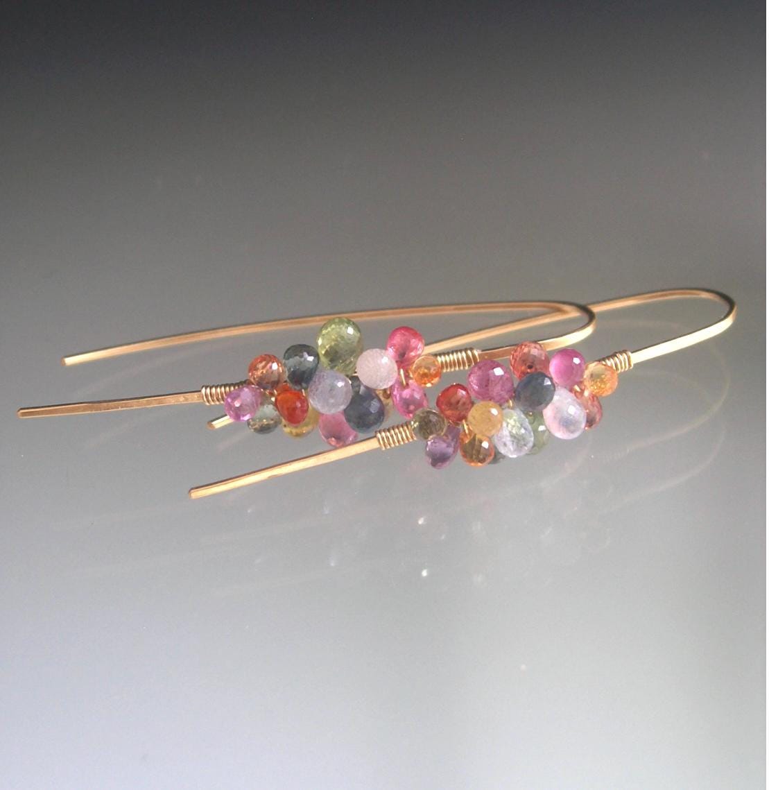 Multi Sapphire 14k Gold Filled Linear Earrings 1 3/4”