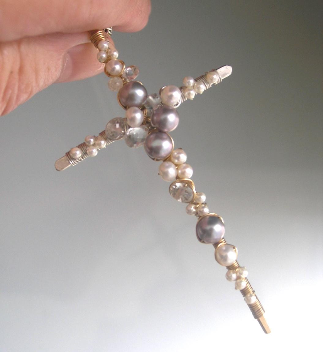 Pearl Cross Gemstone Encrusted Mixed Metal Earrings