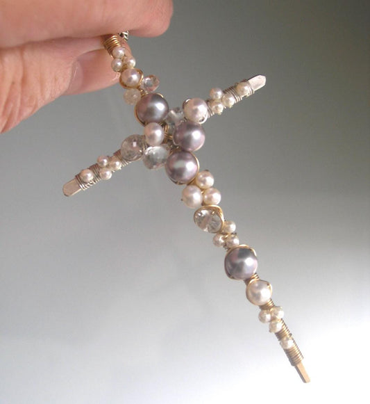 Pearl Cross Gemstone Encrusted Mixed Metal Earrings