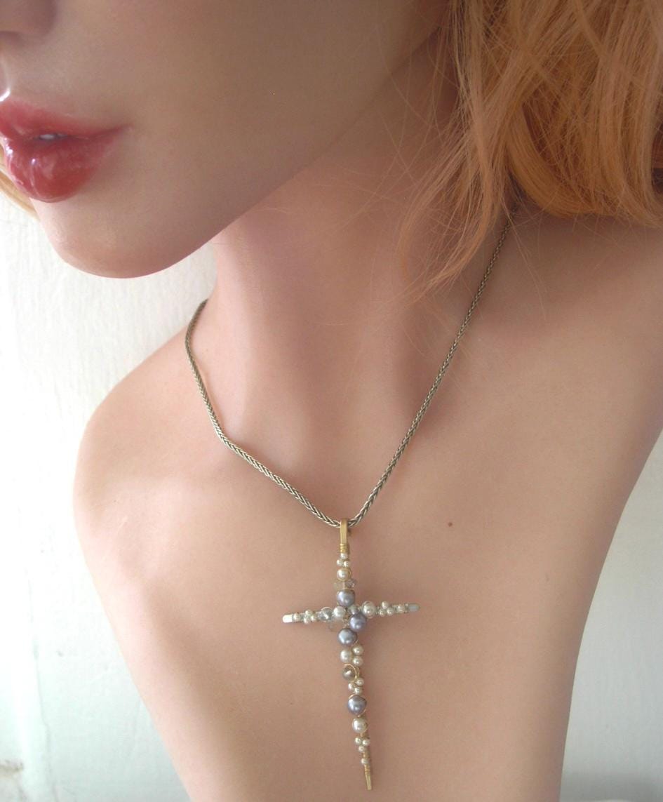 Pearl Cross Gemstone Encrusted Mixed Metal Earrings
