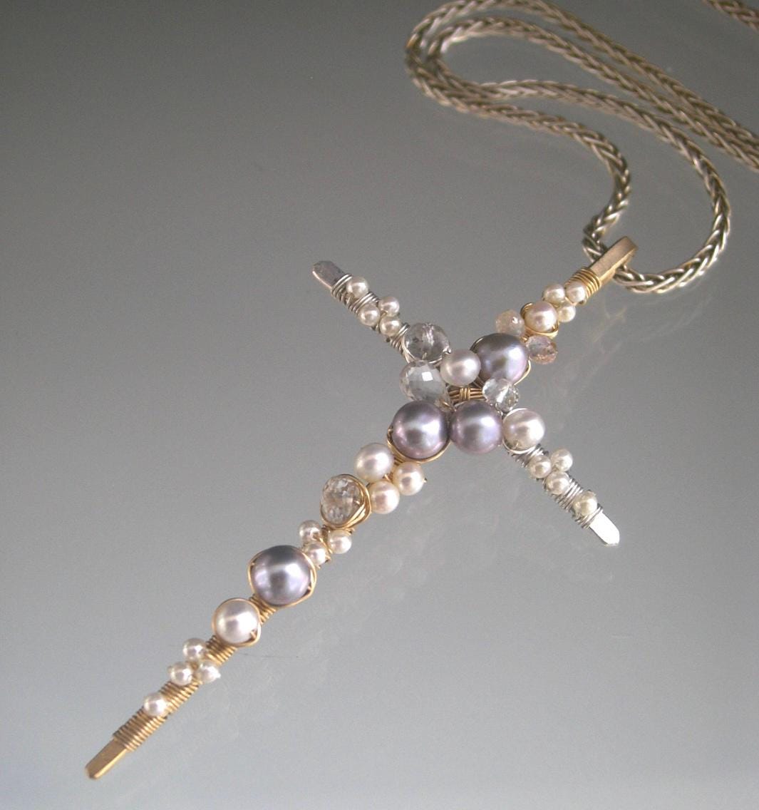 Pearl Cross Gemstone Encrusted Mixed Metal Earrings