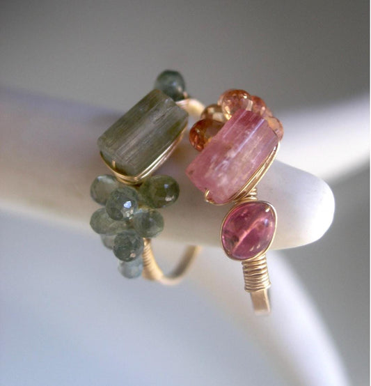 Pair of Raw Tourmaline & Sapphire Rings in 14k Gold Fill