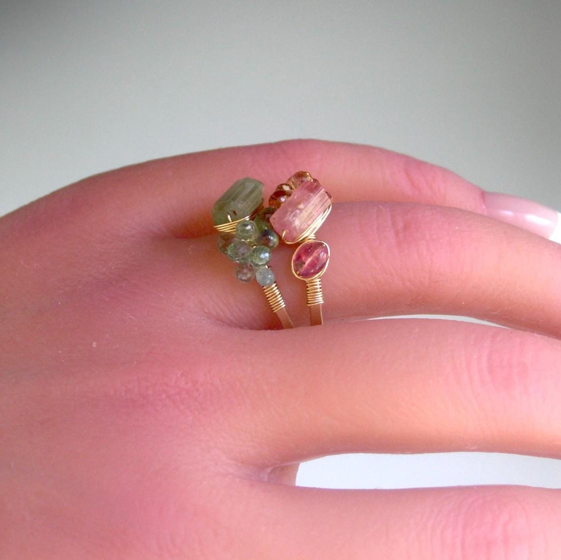 Pair of Raw Tourmaline & Sapphire Rings in 14k Gold Fill