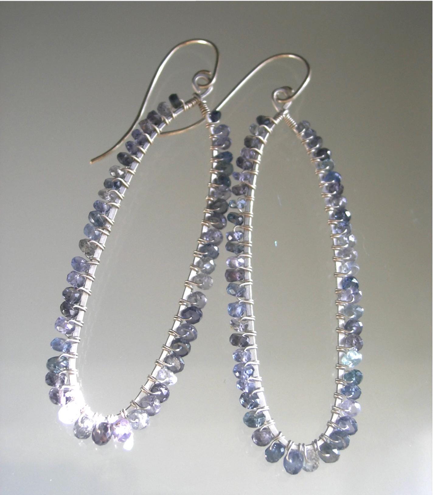 Blue Gray Sapphire Long Oval Hoops