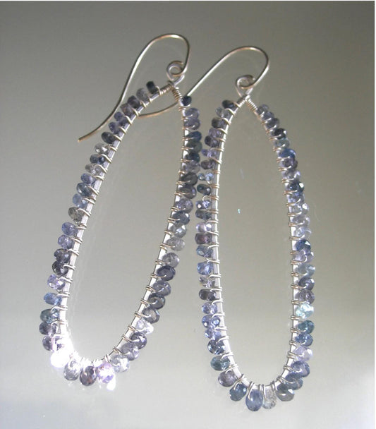 Blue Gray Sapphire Long Oval Hoops