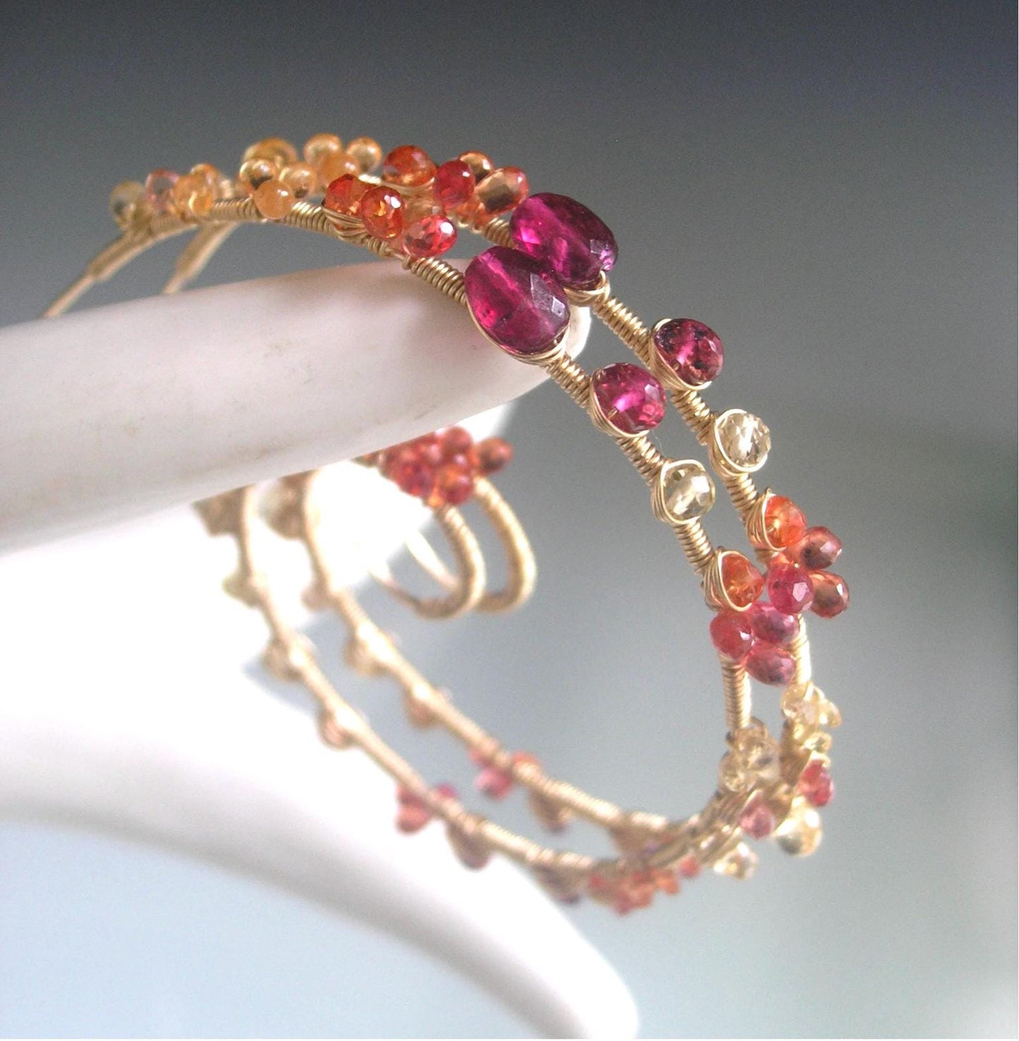 Sapphire Multi Gemstone 14k Gold Filled Spiral Earrings 2”