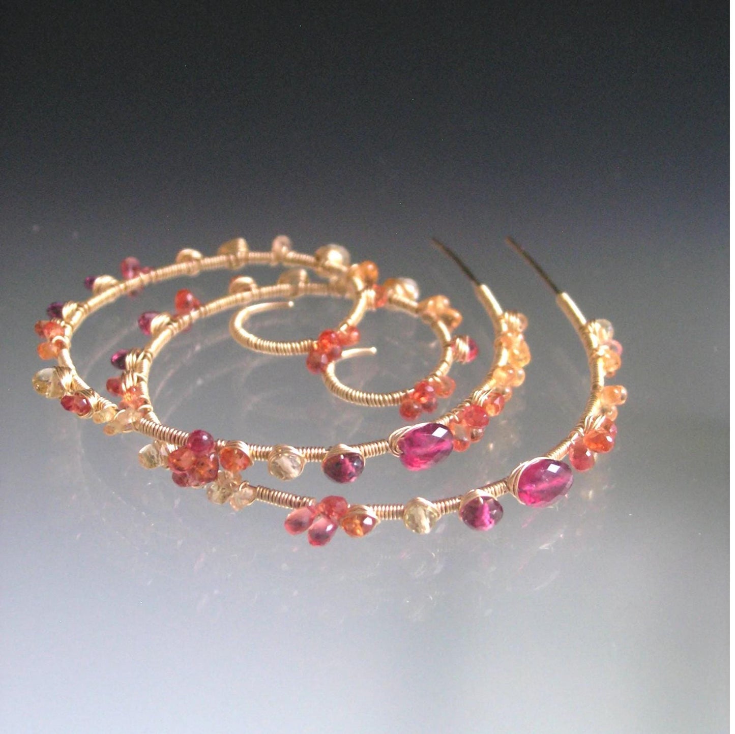 Sapphire Multi Gemstone 14k Gold Filled Spiral Earrings 2”
