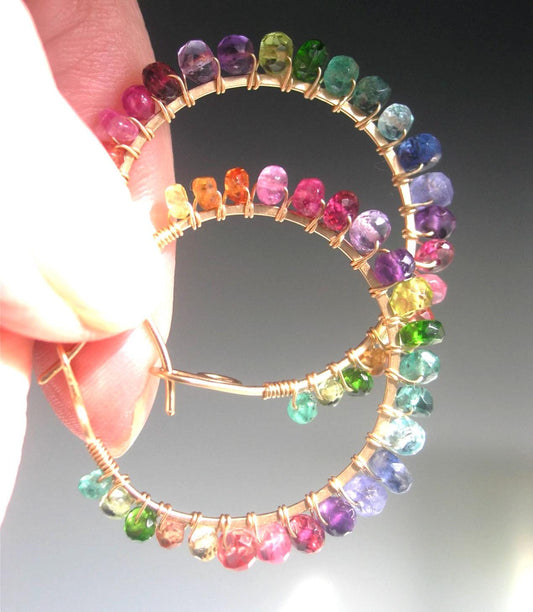 Rainbow Gemstone 14k Gold Filled Hoops 1 1/4”