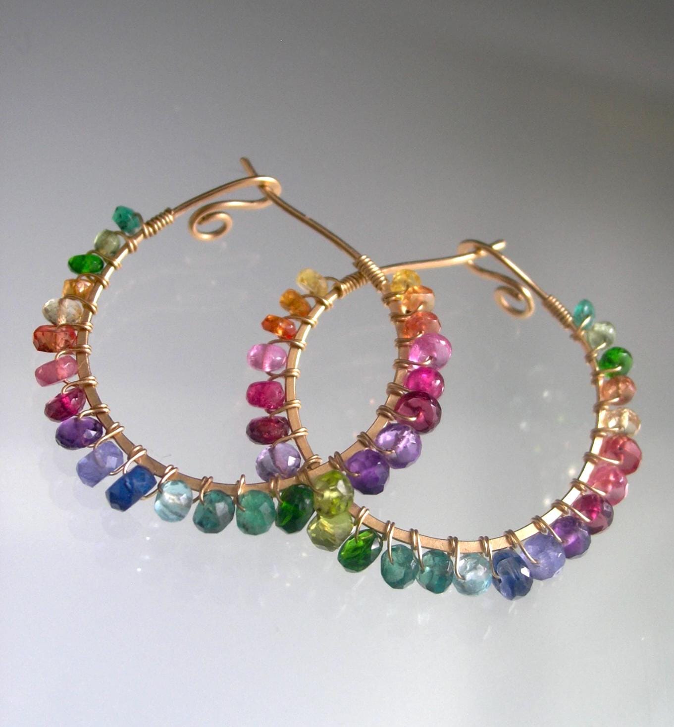 Rainbow Gemstone 14k Gold Filled Hoops 1 1/4”