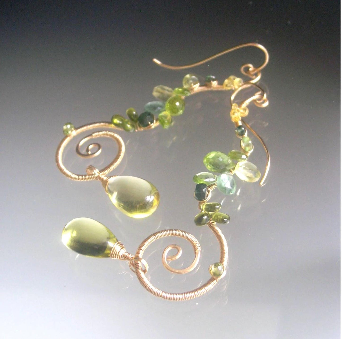 Sculptural Apatite Lemon Quartz Gold Filled Spiral Earrings