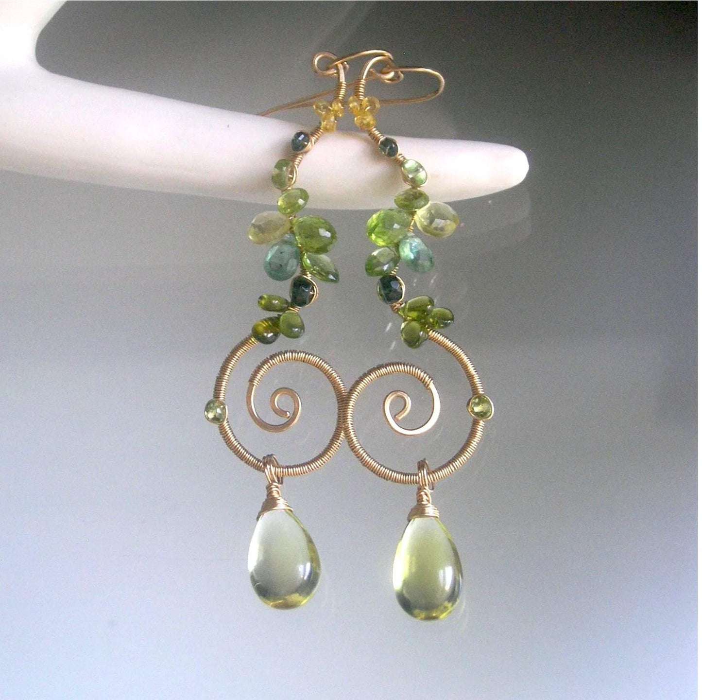Sculptural Apatite Lemon Quartz Gold Filled Spiral Earrings