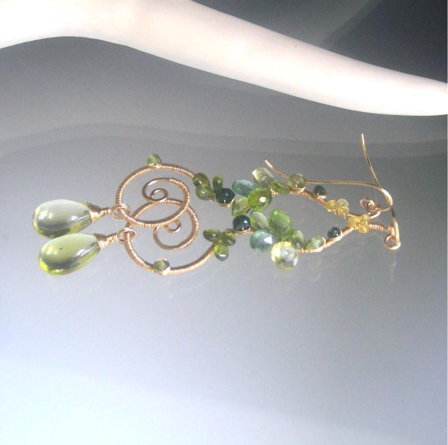 Sculptural Apatite Lemon Quartz Gold Filled Spiral Earrings